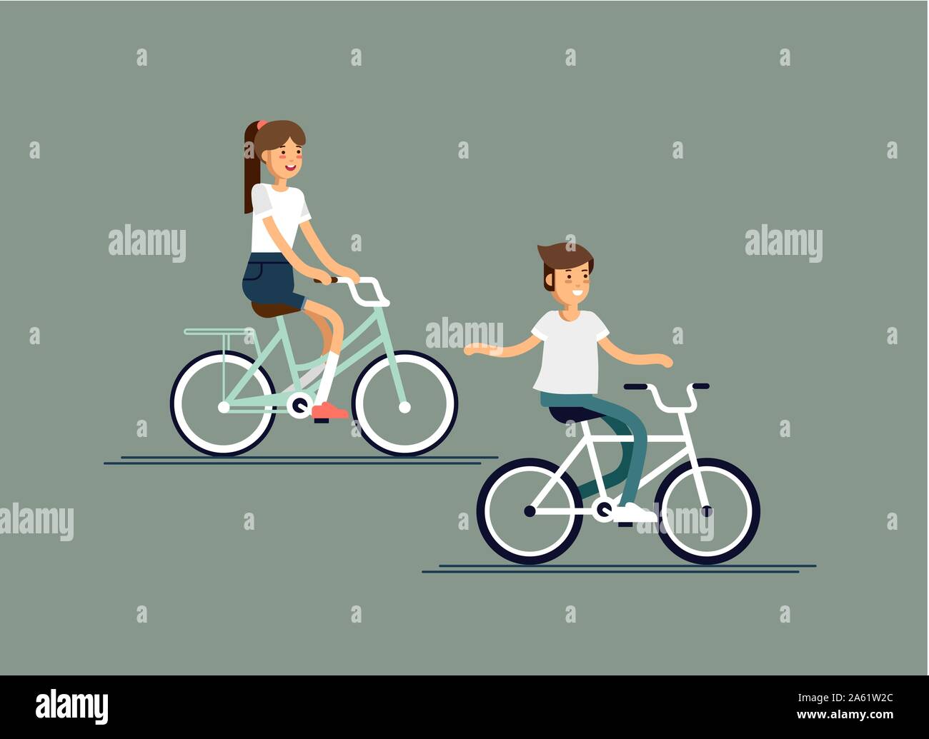 Los niños divirtiéndose en bicicleta. Los niños tengan tiempo libre en fin  de semana. Vacaciones de verano la recreación al aire libre para niños. Niño  y niña feliz montando en bicicleta. Vecto