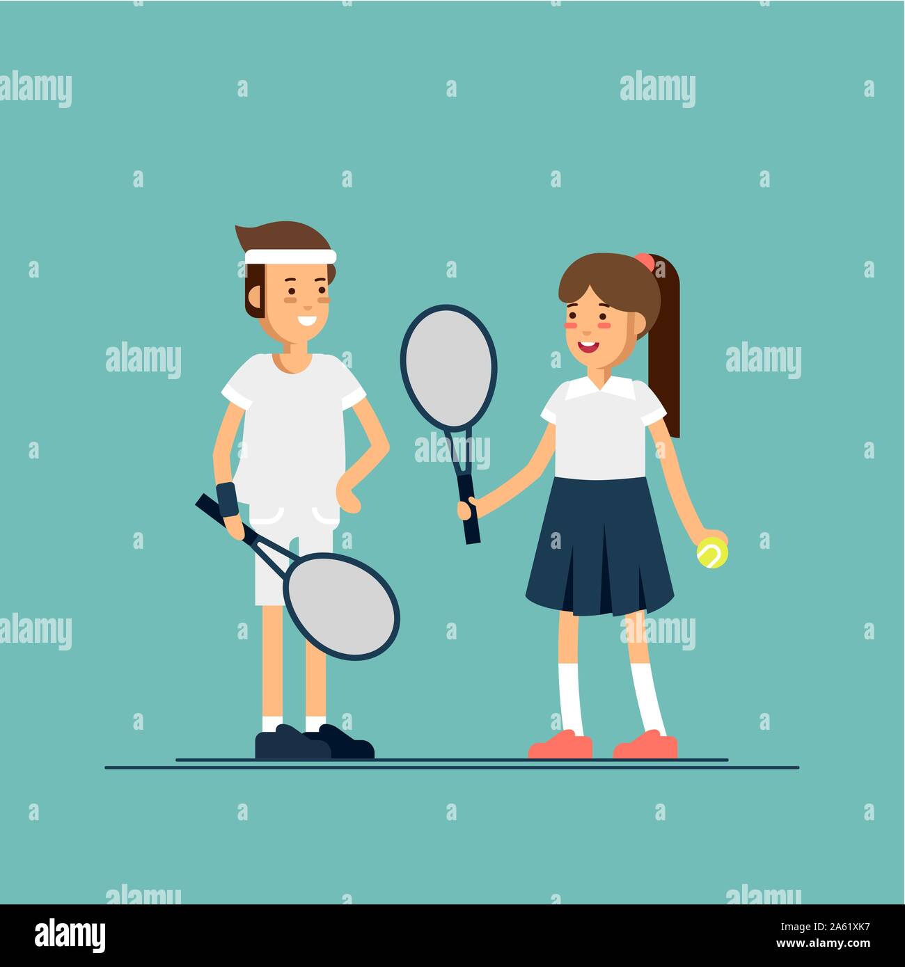 Ilustración vectorial masculinos y femeninos jugadores de tenis para niños en uniformes deportivos. Par de equipa los jugadores de tenis niños en ropa blanca con tenis rac Imagen Vector de stock -