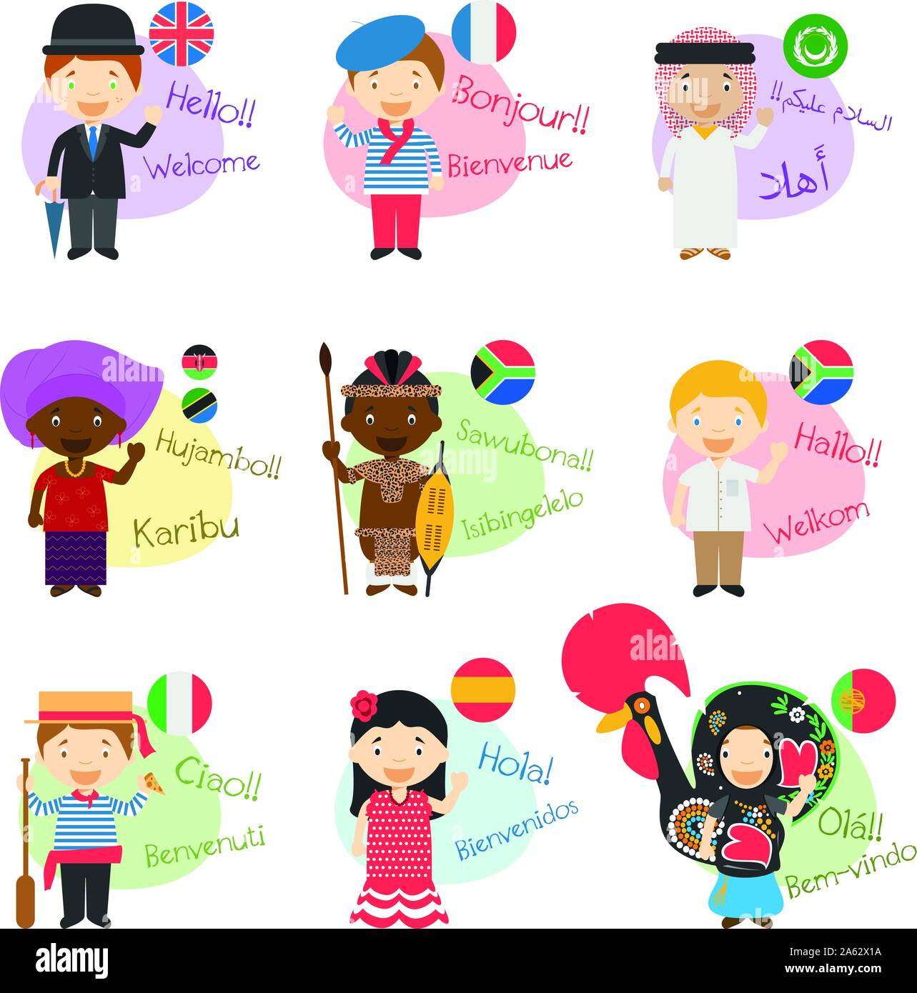 Ilustración vectorial de dibujos animados diciendo Hola y bienvenidos en 9  lenguas habladas en África Imagen Vector de stock - Alamy
