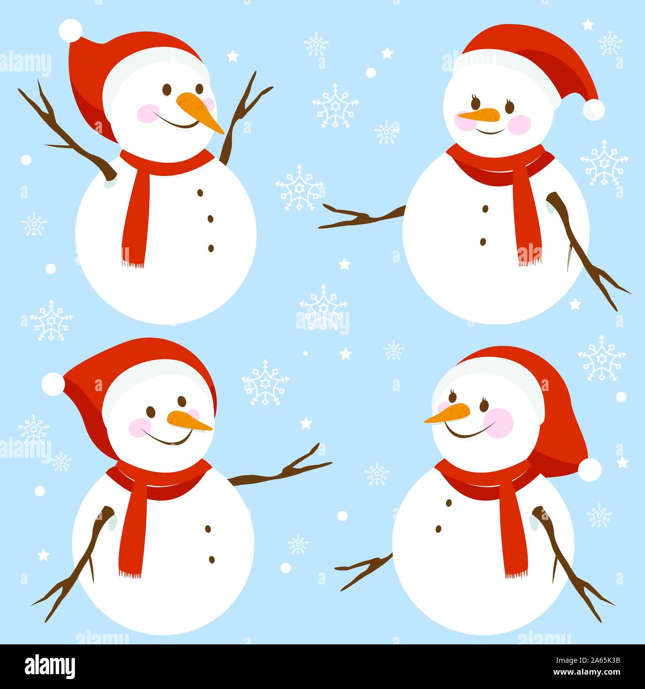 Los muñecos de nieve con bufandas y sombreros de Navidad. Ilustración  vectorial Imagen Vector de stock - Alamy