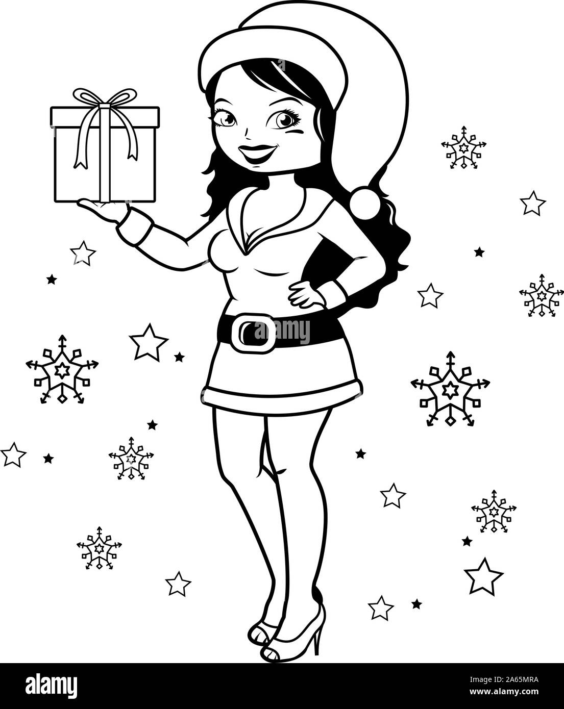 Mujer con traje de Santa Claus sosteniendo un regalo. Blanco y negro  vectorial página para colorear Imagen Vector de stock - Alamy