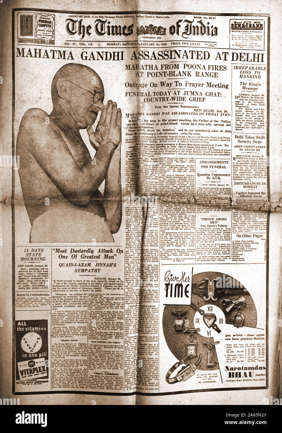 Collage de periódicos informes de asesinato de Mahatma Gandhi, India, Asia, 31 de enero de 1948 Foto de stock