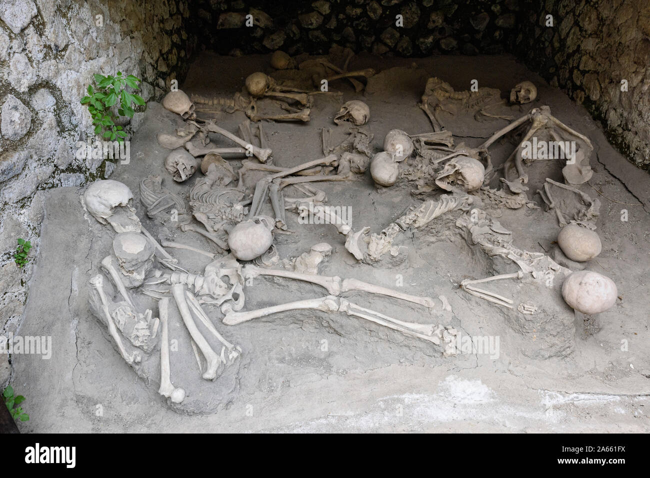 Ercolano. Italia. Sitio arqueológico de Herculano. Figuras de esqueletos hallados en las casas barco antigua en la costa. Foto de stock