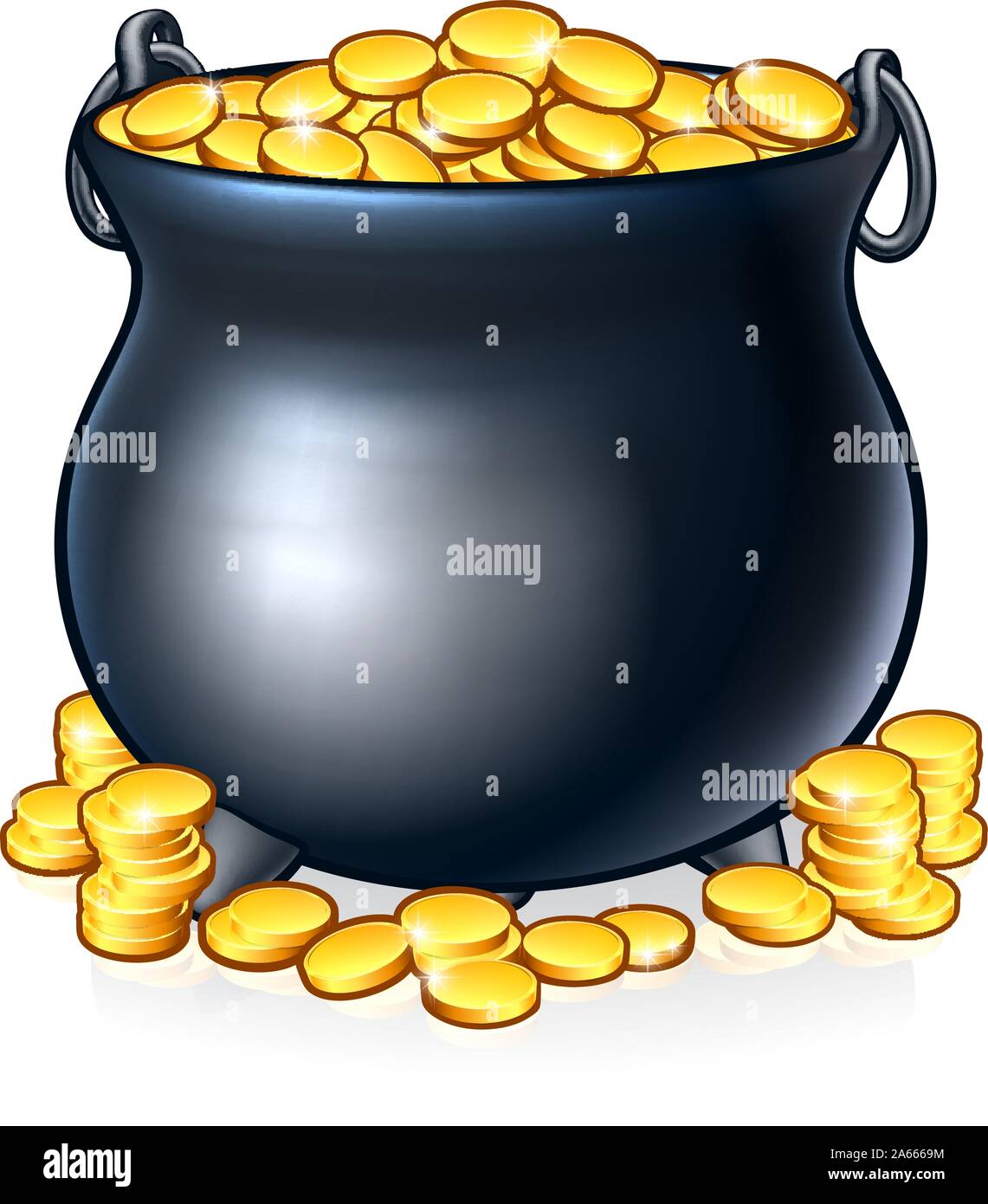 Caldero de monedas de oro al final del arco iris Ilustración del Vector