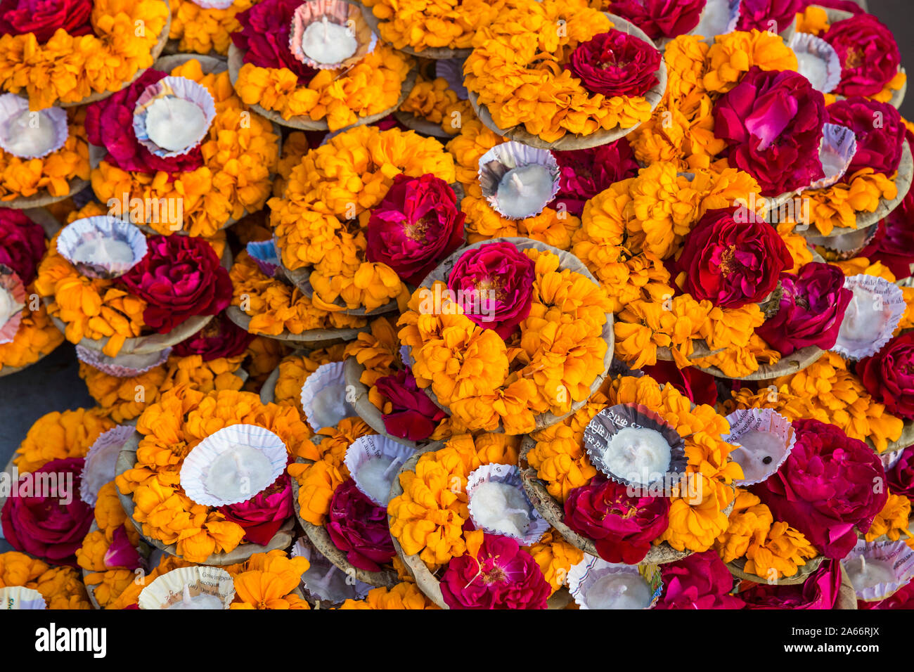 La India, Uttar Pradesh, Varanasi, ofrendas florales en Dashashwamedh Ghat, el ghat principal sobre el río Ganges Foto de stock