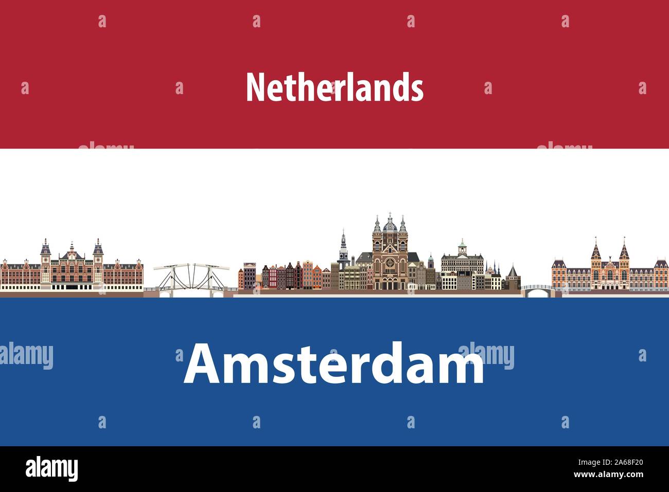 Vector poster de viaje a la ciudad de Amsterdam skyline silueta y el pabellón de los Países Bajos al fondo Ilustración del Vector