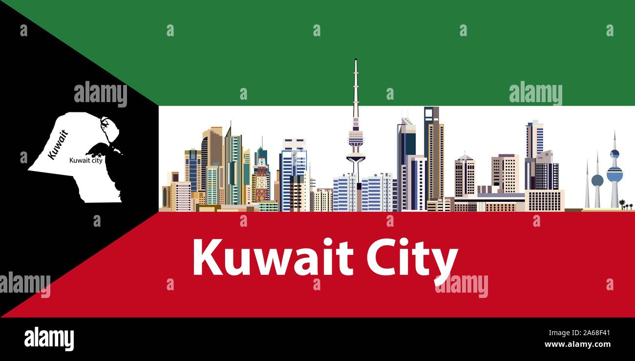 Ilustración vectorial de Kuwait la silueta de la ciudad, bandera y mapa de Kuwait sobre antecedentes Ilustración del Vector