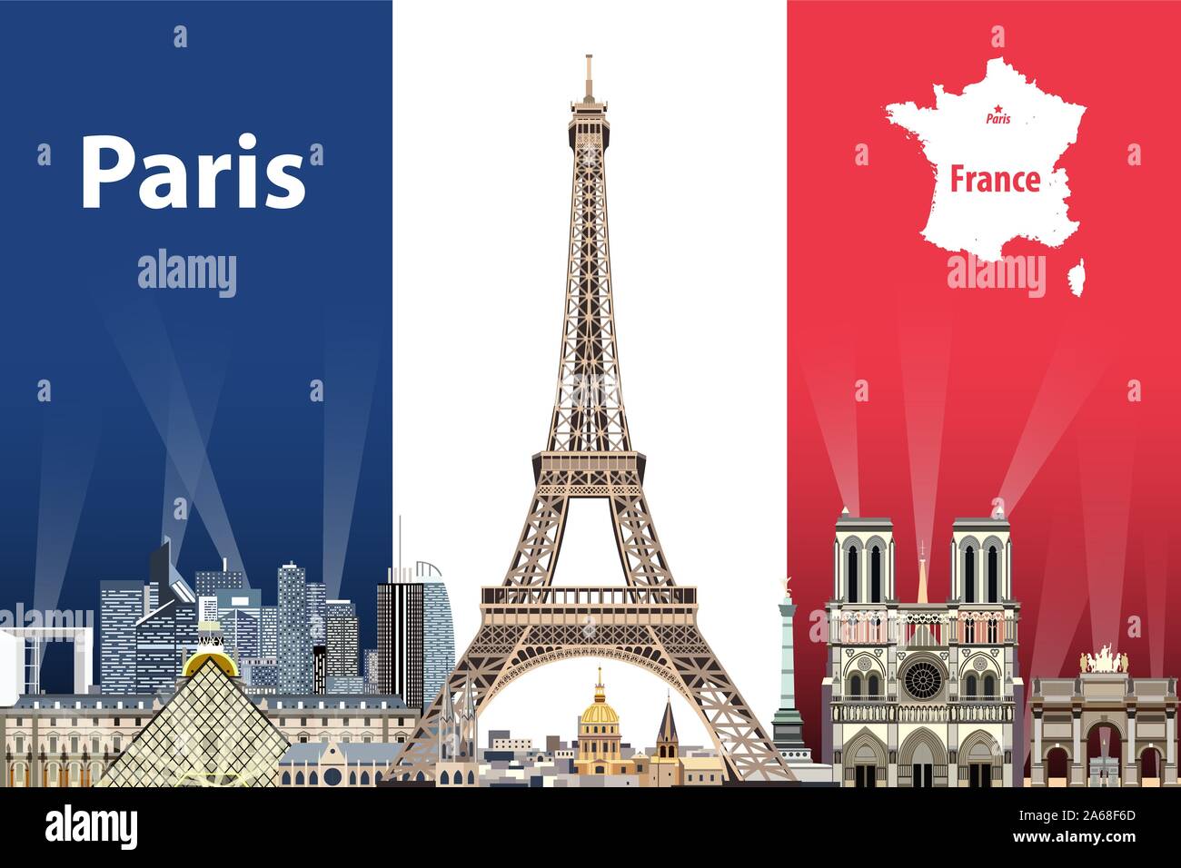Ilustración vectorial de la ciudad de París con el pabellón de Francia al fondo Ilustración del Vector