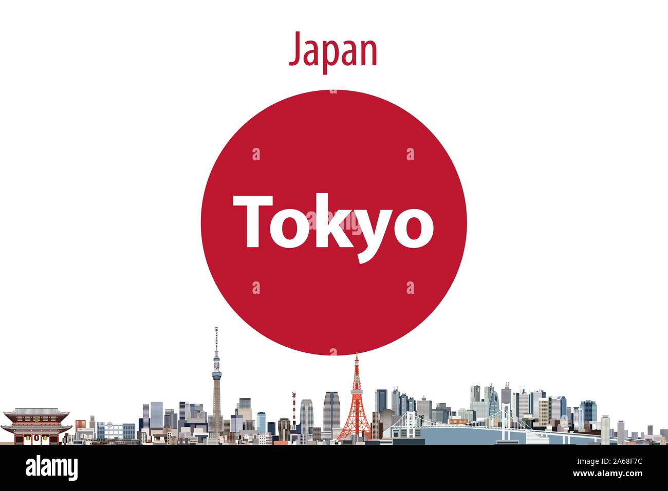 Vector poster de viaje con vistas al horizonte de la ciudad de Tokio y silueta bandera japonesa en fondo Ilustración del Vector