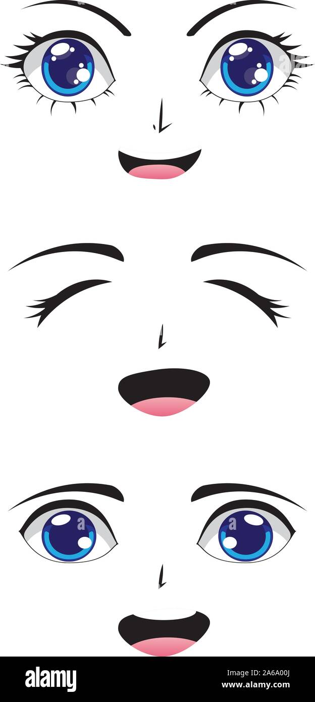 Cute dibujos animados estilizados rostros con ojos azules Imagen Vector de  stock - Alamy