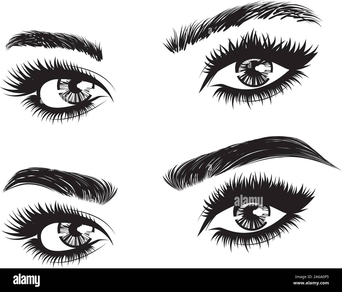 Ojos femeninos con largas pestañas y cejas antes y después de la corrección  en blanco y negro Imagen Vector de stock - Alamy