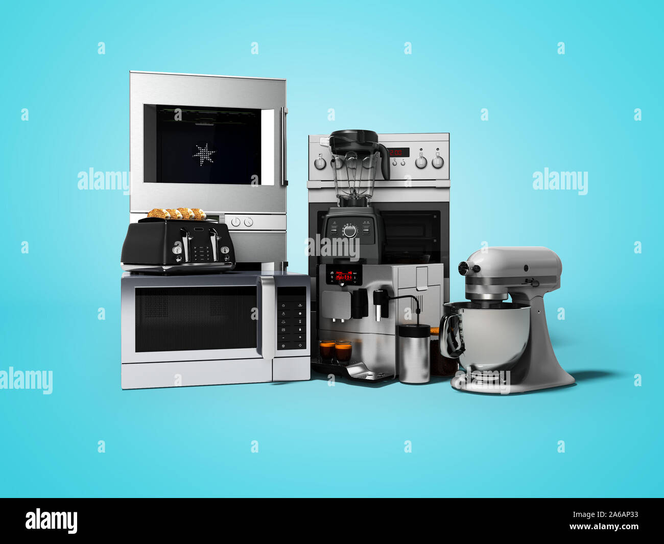 Grupo de electrodomésticos de cocina, tostadora, cafetera, microondas  procesador de alimentos Blender 3D Render sobre fondo azul con sombra  Fotografía de stock - Alamy