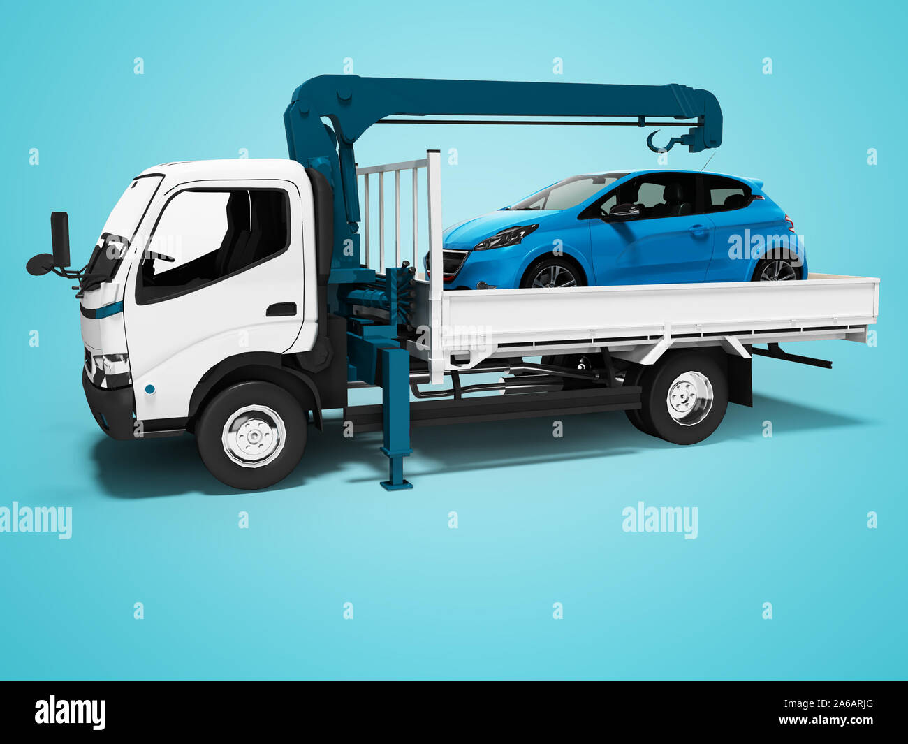 Blanco moderno camión de remolque con grúa azul con coche remolque cargado  en 3D Render sobre fondo azul con sombra Fotografía de stock - Alamy