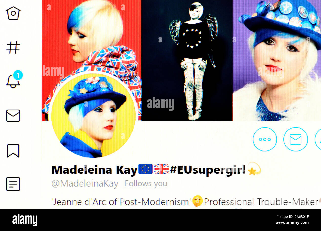 Página de Twitter (Oct 2019) Madeleina Kay "UE Supergirl' anti-activista Brexit Foto de stock