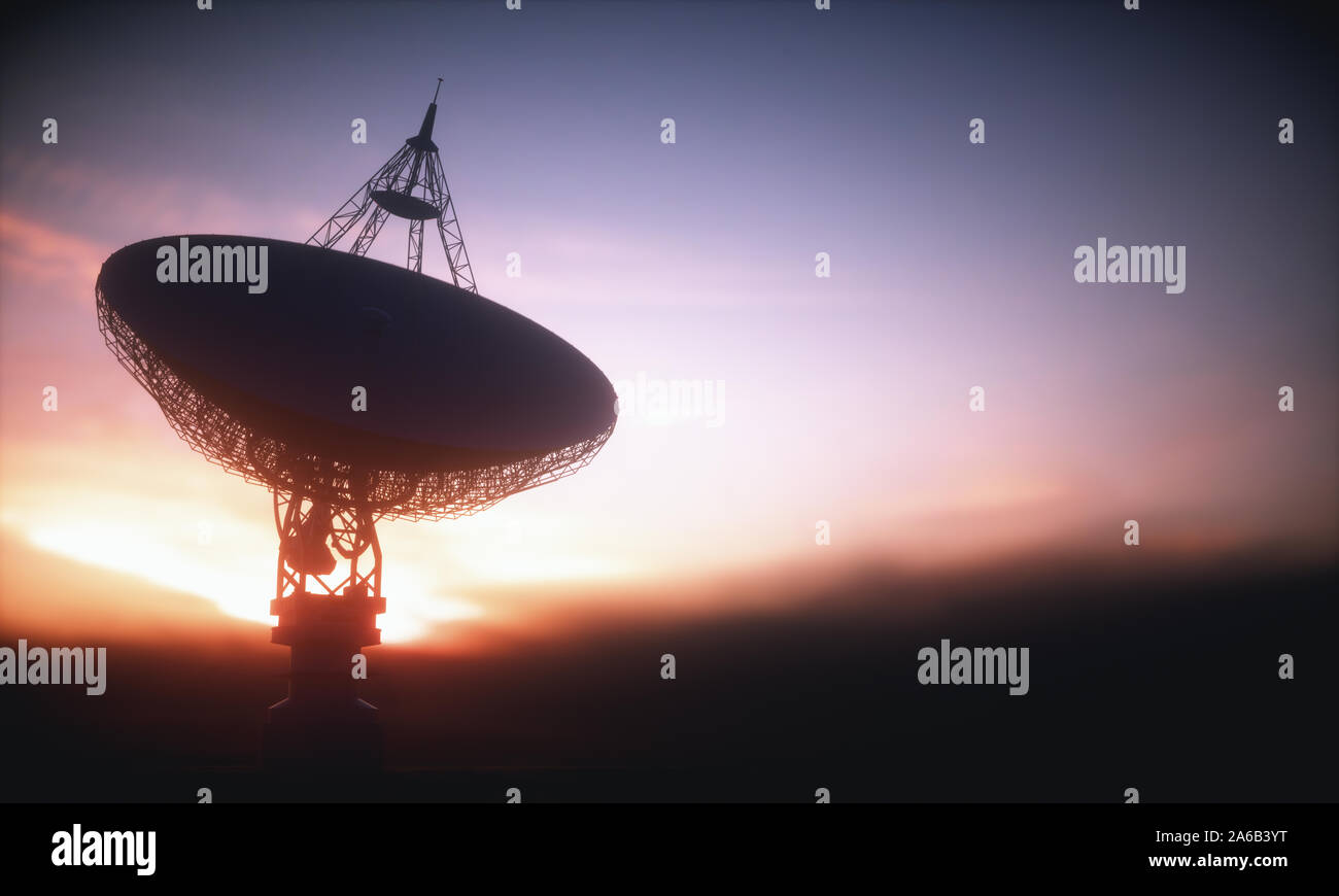 Enorme plato de antena de satélite para la comunicación y la recepción de la señal fuera del planeta Tierra. Buscando señal de radio observatorio en el espacio al atardecer. Foto de stock