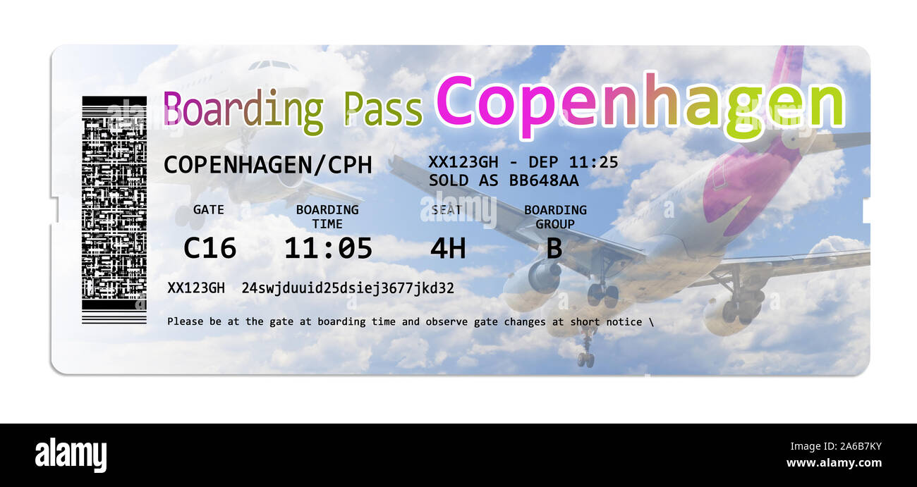 Aerolínea boarding pass entradas a Copenhague aislado en blanco - El contenido son totalmente inventado y no contiene piezas bajo copyright Foto de stock