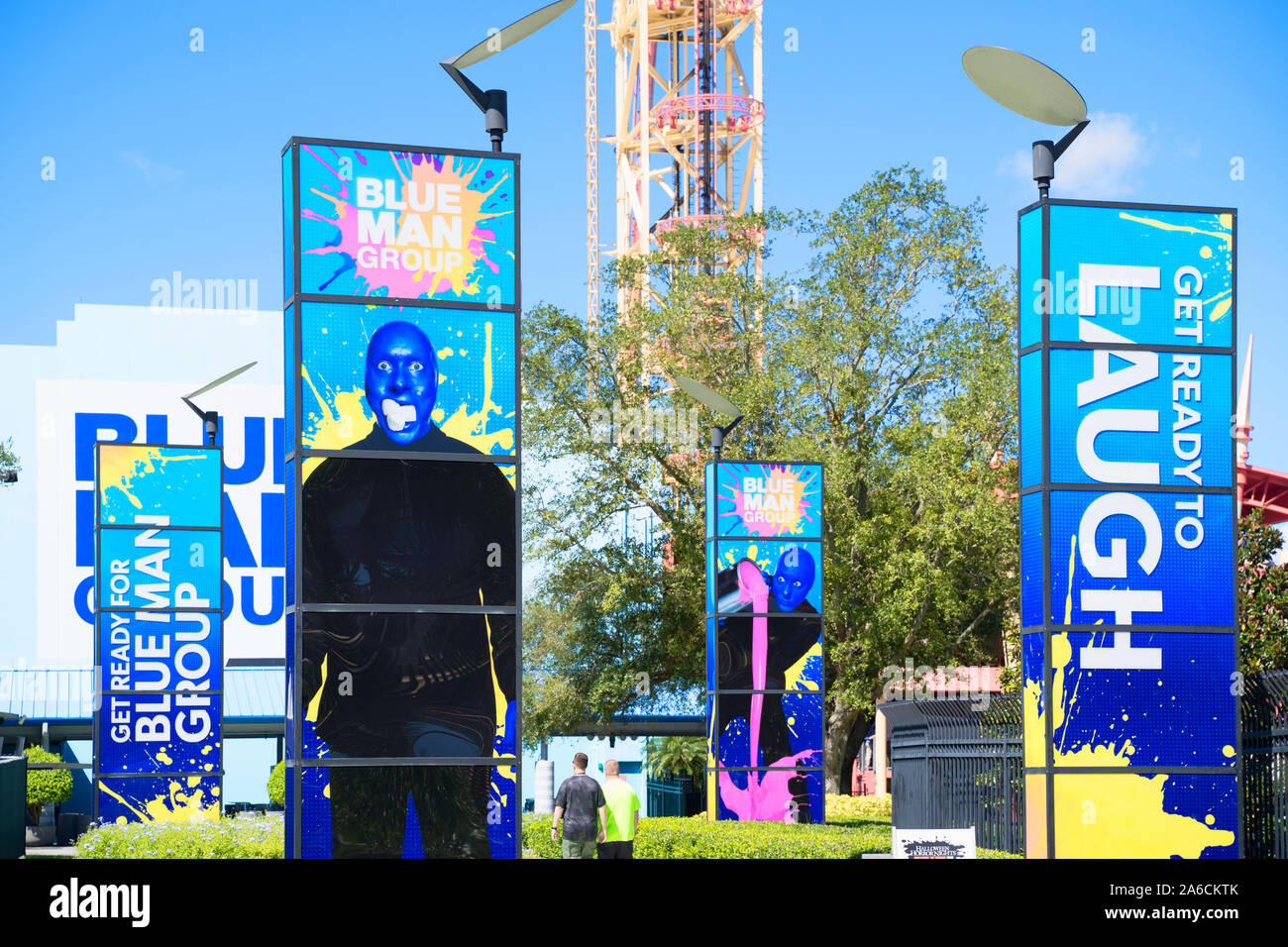 El Teatro de la comedia de Blue Man Group, mostrar signos, CItyWalk Universal Studios Resort, Orlando, Florida, EE.UU. Foto de stock
