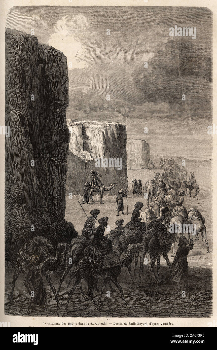 La caravane des musulmans Hadjis (pelerins) dans le Korantaghi (Perse, Irán) . Dessin de Emile Bayard (1837-1891), pour illustrer Le Voyage dans l'Asi Foto de stock