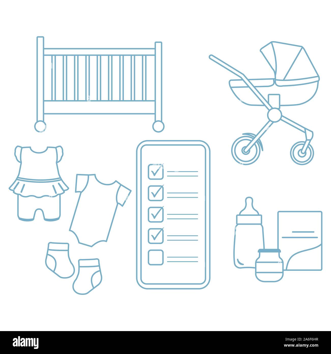 Ilustración vectorial con el smartphone con la lista de comprobación,  accesorios para el bebé recién nacido. La Pram, cuna, botella, alimentos para  bebés, calcetines, bodysuits. Las compras en línea Imagen Vector de