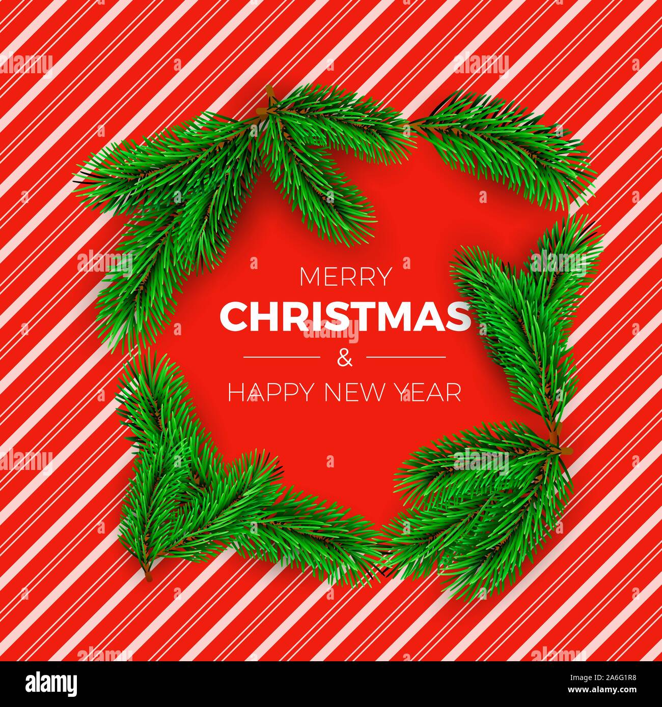 Las ramas de un árbol de Navidad en el caramelo rojo fondo con rayas blancas. Elementos de decoración de Año Nuevo. Ilustración vectorial Ilustración del Vector