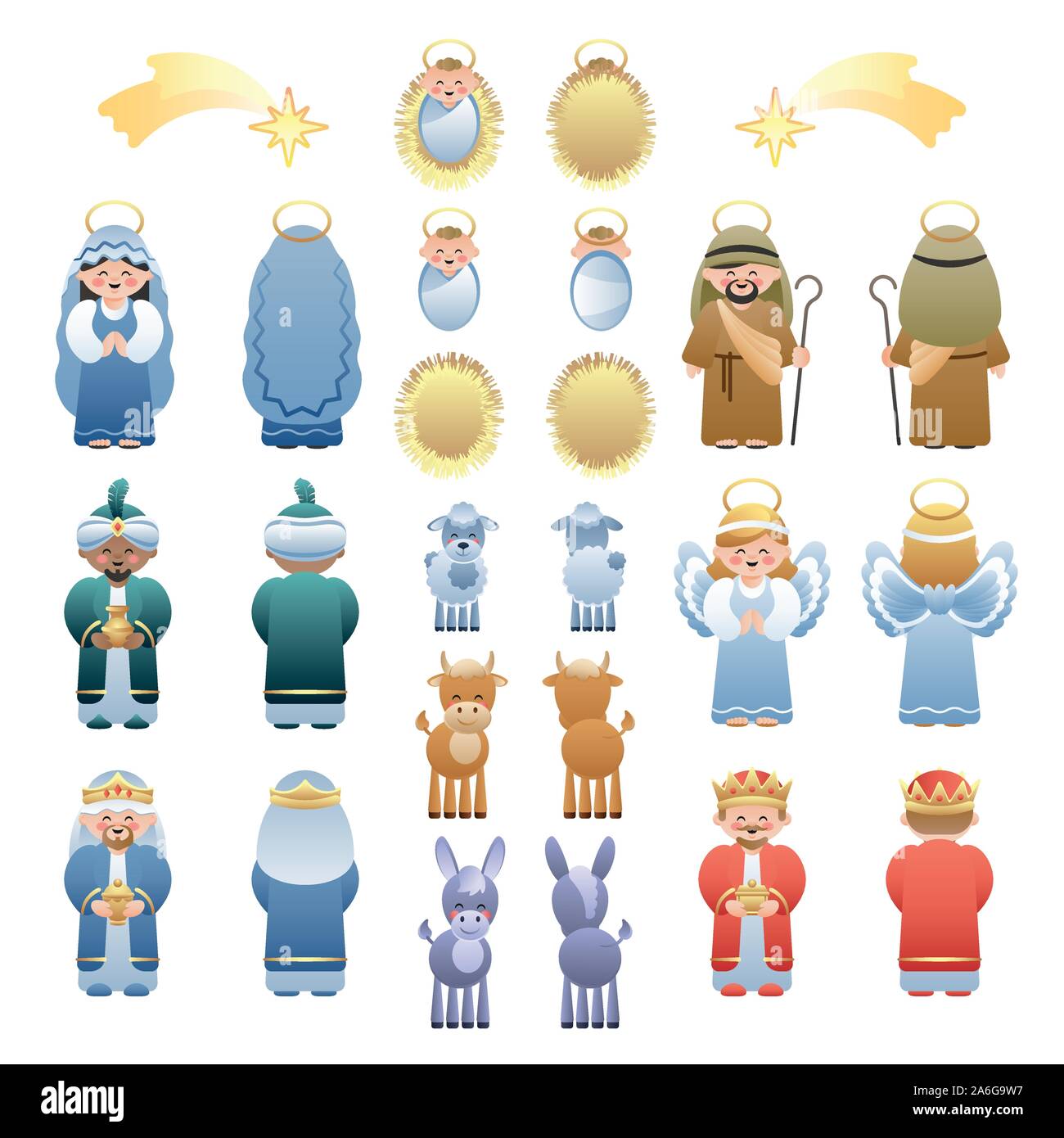 Gran colección de iconos Natividad de dos caras. Cute dibujos animados. Ilustración vectorial sin transparencia. Ilustración del Vector