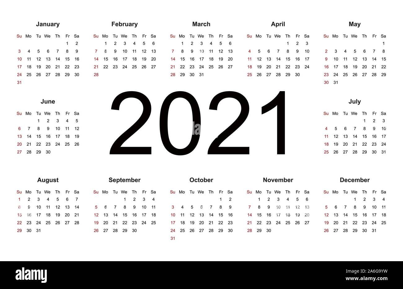 Diseño De Calendario Simple Para El Año 2021 La Semana Comienza En Domingo Ilustración 