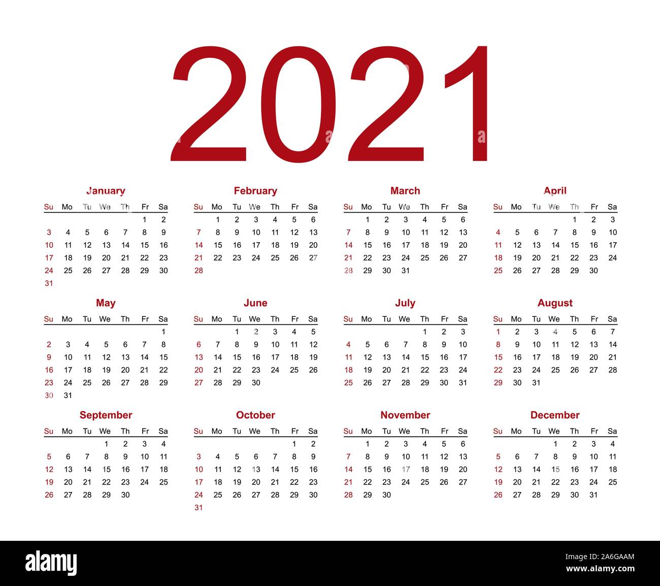 Plantilla De Calendario Para El Año 2021 La Semana Comienza En Domingo Ilustración Vectorial 