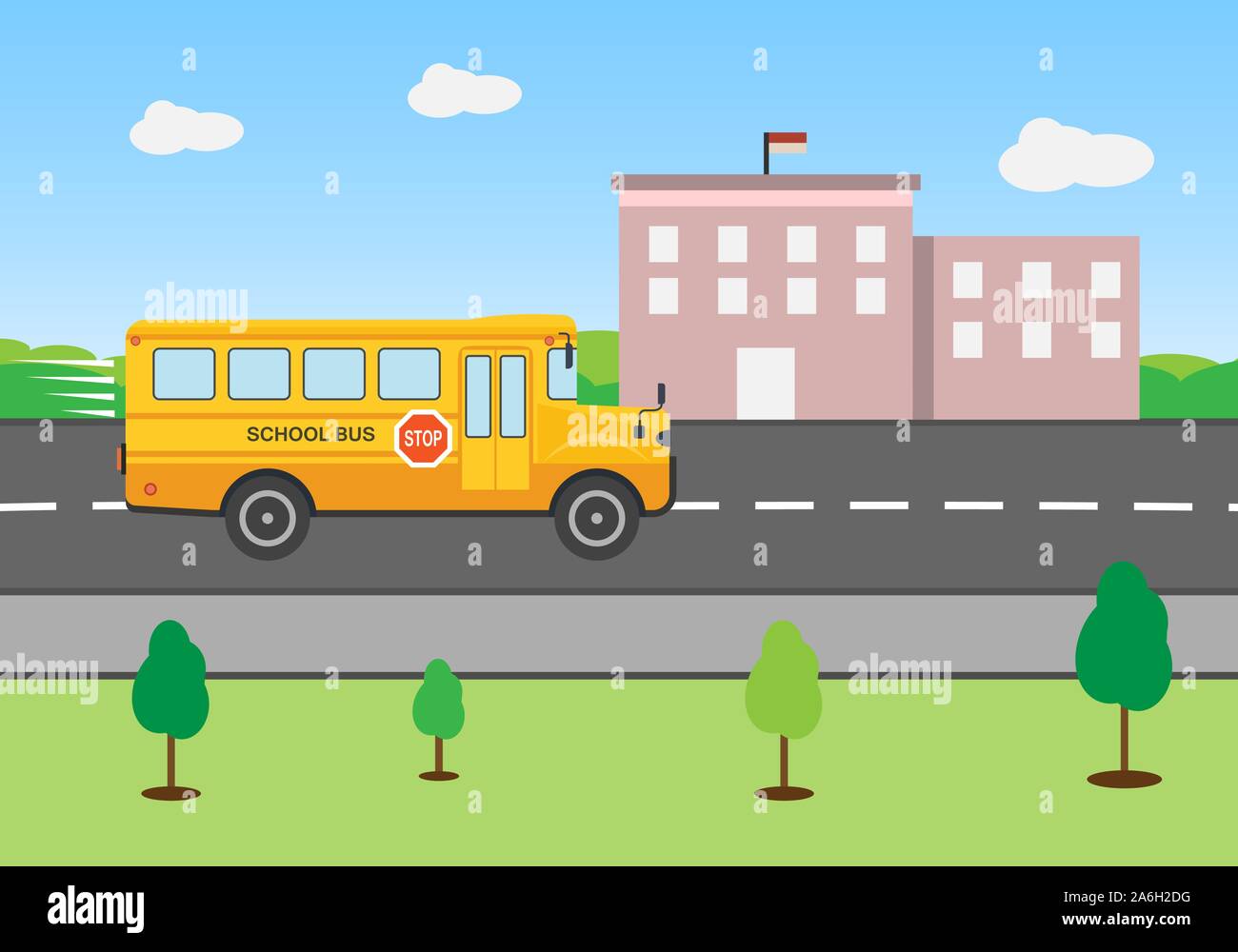 De vuelta a la escuela el concepto de bus de la escuela corriendo desde la ciudad a la escuela Ilustración del Vector