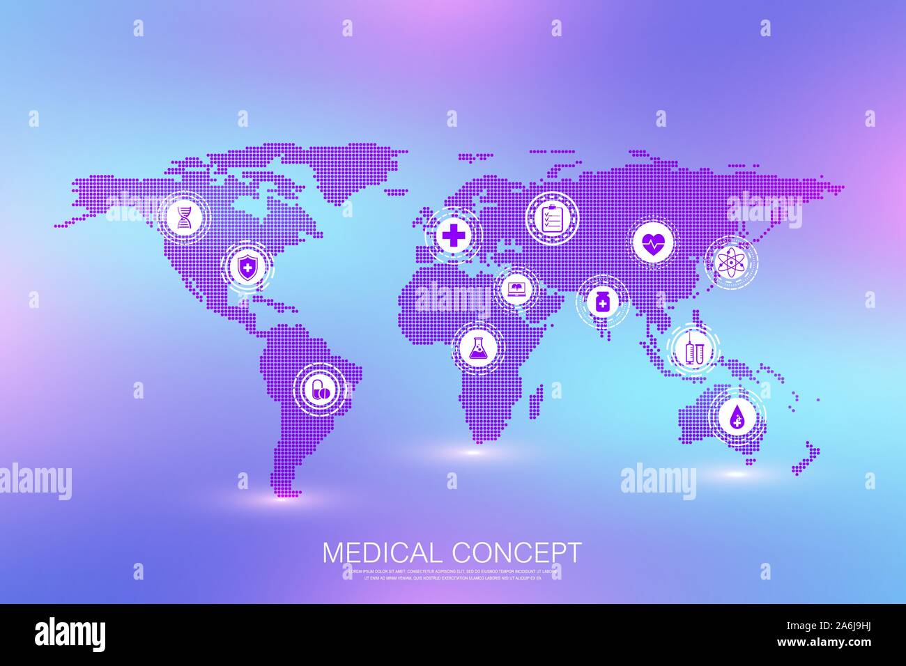 Concepto médico Internet de las cosas (IoT) y productos farmacéuticos de fondo. El comercio mundial de preparaciones farmacéuticas, farmacológicas business Ilustración del Vector