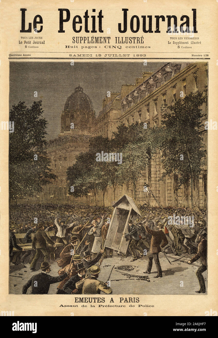 L'assaut de la prefectura de París, une manifestación etudiante brutalement reprimee se transforme en emeute generale. Huecograbado en "Le Petit Journal' Foto de stock