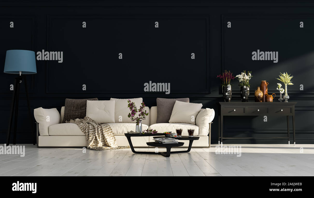 Moderno diseño interior de una sala de estar en un apartamento, una casa, una oficina, un cómodo sofá, flores frescas y brillantes detalles interiores modernos en un oscuro w Foto de stock