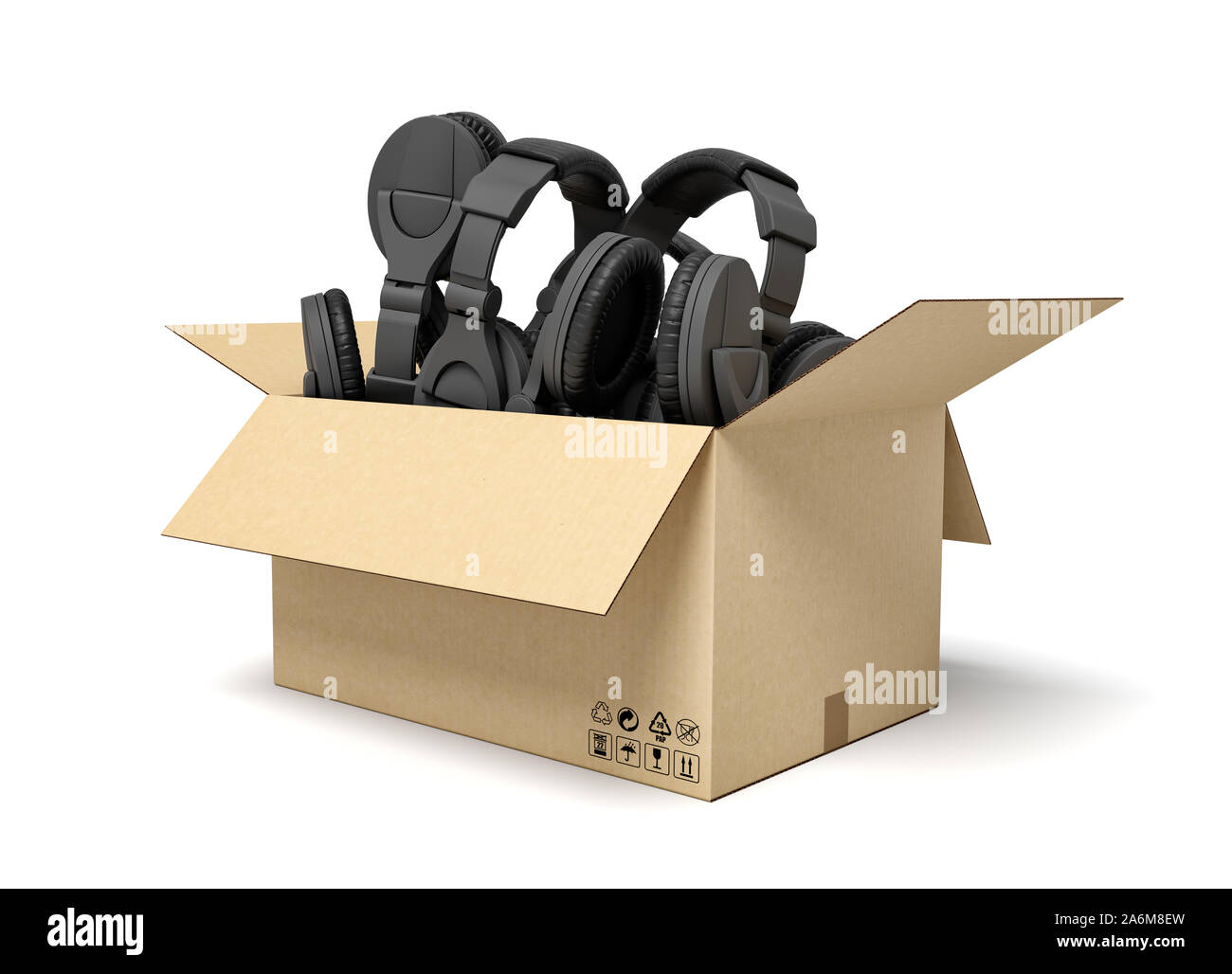 Representación 3D de la caja de cartón lleno de auriculares negros. Tienda  de música. Compras con audiófilo. Melomaniac necesidades básicas Fotografía  de stock - Alamy