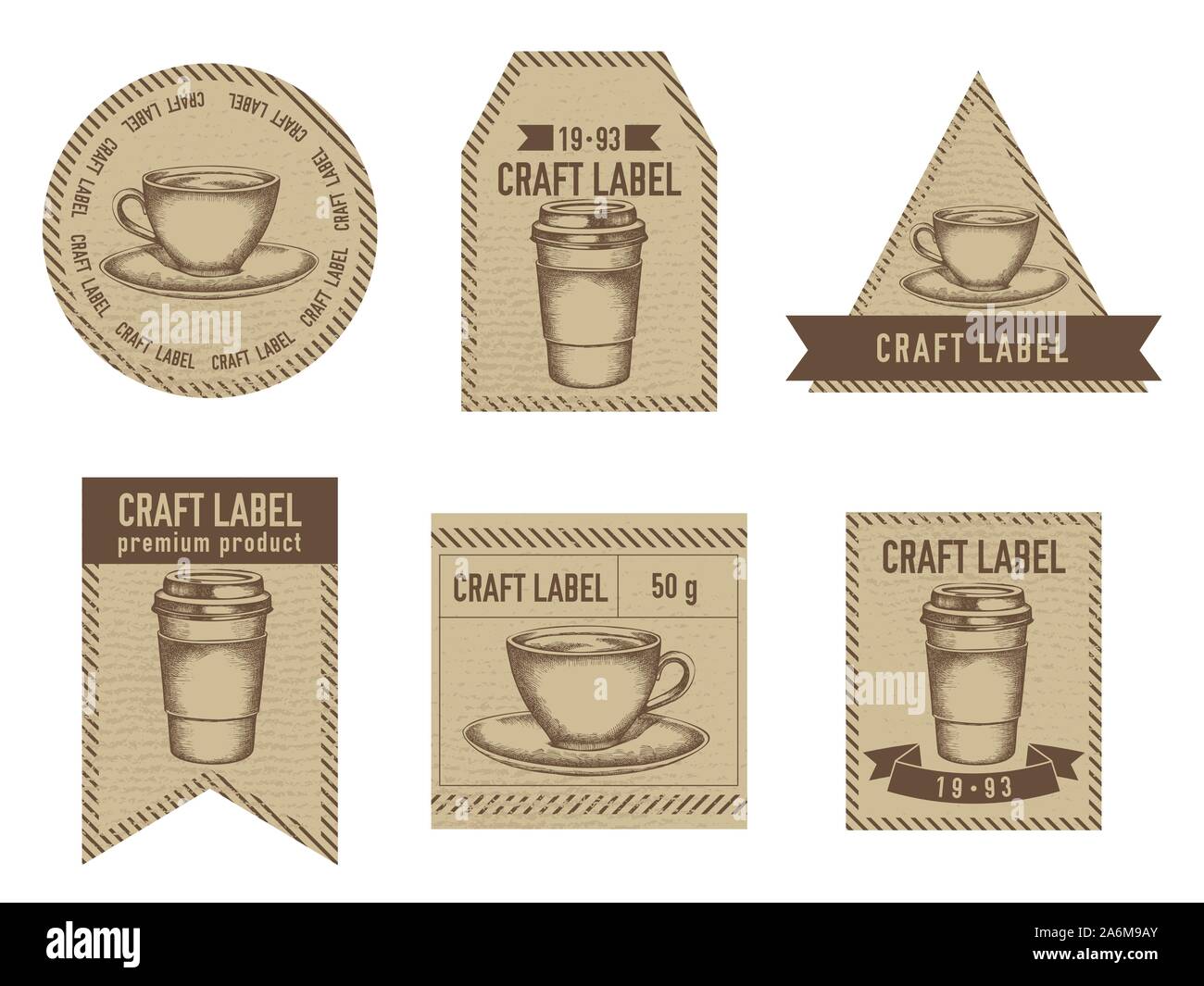 Etiquetas artesanía diseño vintage con ilustración de tazas de café, vasos  de papel ilustración de stock Imagen Vector de stock - Alamy