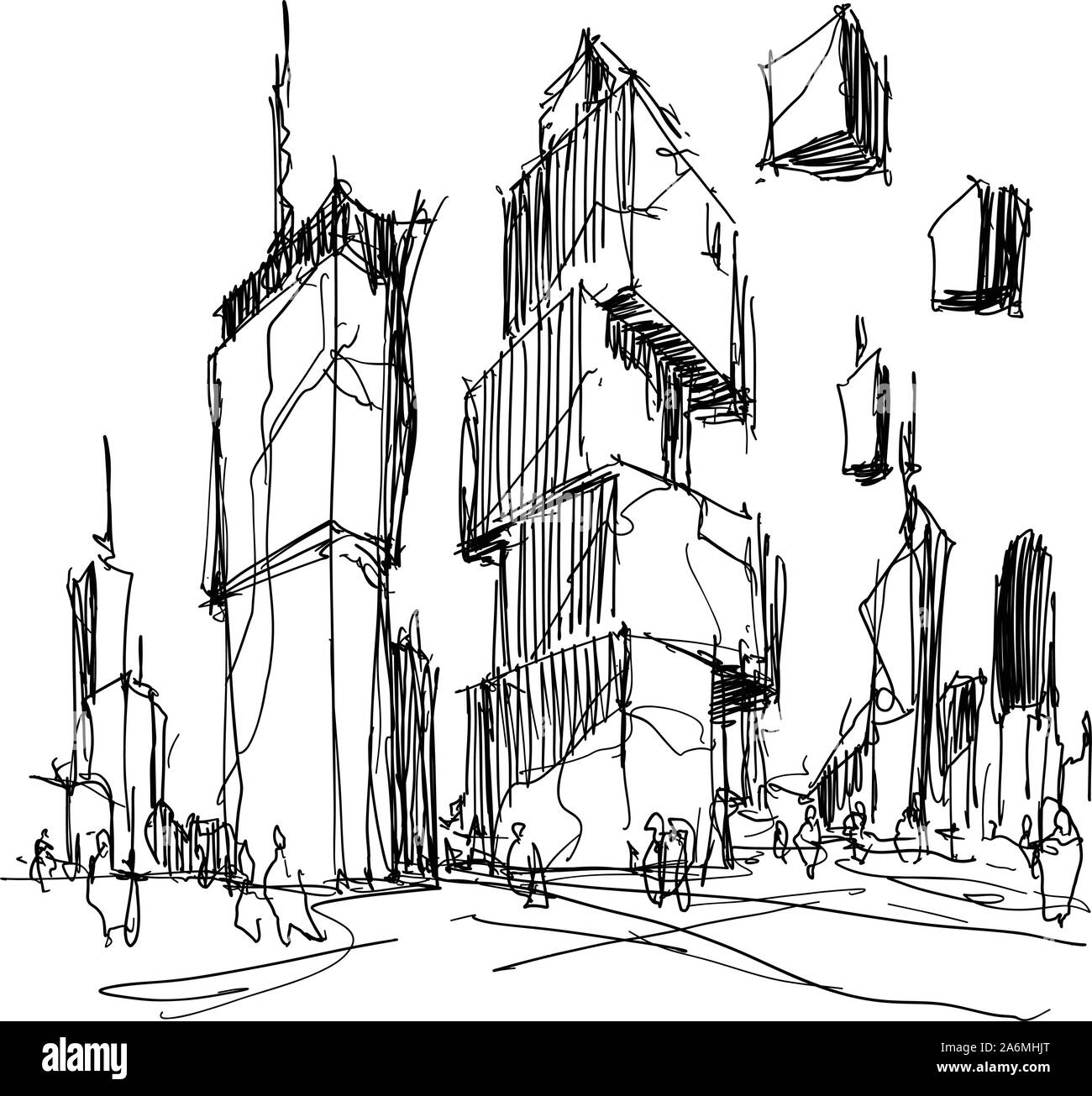 Croquis arquitectónicos dibujados a mano de una fantástica ciudad moderna con altos edificios futuristas y de gente en las calles Ilustración del Vector