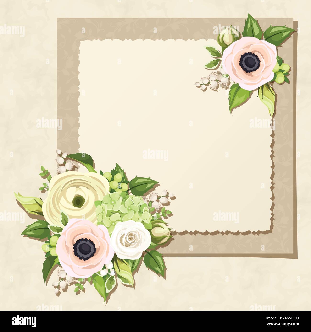 Tarjeta de felicitación de vector con blanco y verde, rosas, anémonas, ranúnculos, hortensias y lirio de los valles de flores y hojas sobre un fondo de pergamino. Ilustración del Vector