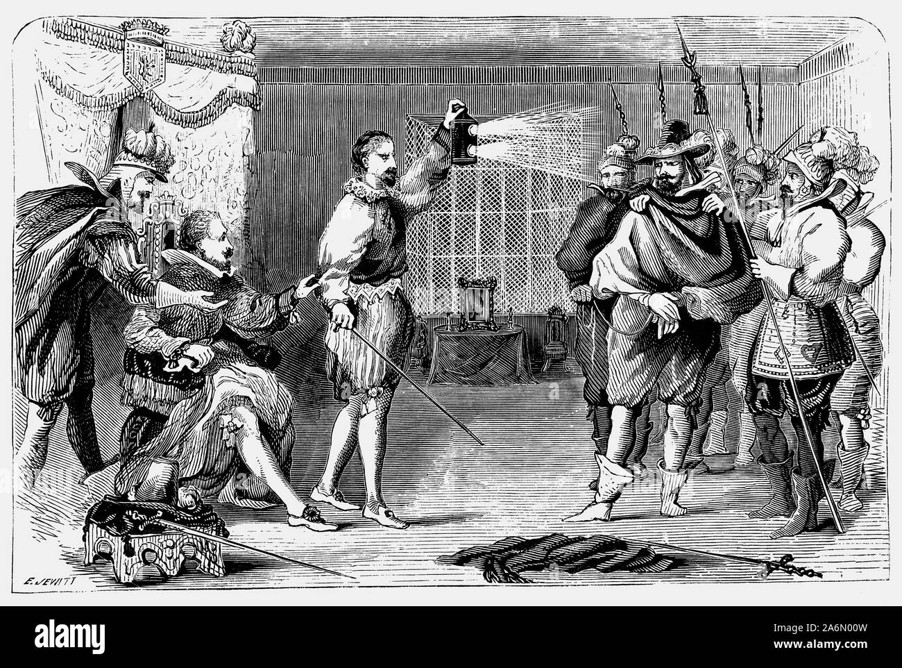 Guy Fawkes (1570-1606), fue miembro de un grupo de provinciales católicos ingleses que planearon la fallida conspiración de pólvora de 1605. Cuando descubrió que él admitió su intención de volar la Cámara de los Lores, y expresaron su pesar por su incapacidad para hacerlo e inmediatamente llevado al palacio donde su firme forma le valió la admiración del rey James I, quien se describe como poseedora de "una Fawkes Roman resolución'. James's admiración, sin embargo, no le impide solicitar el 6 de noviembre que "John Johnson' de ser torturados, de revelar los nombres de sus co-conspiradores. Foto de stock