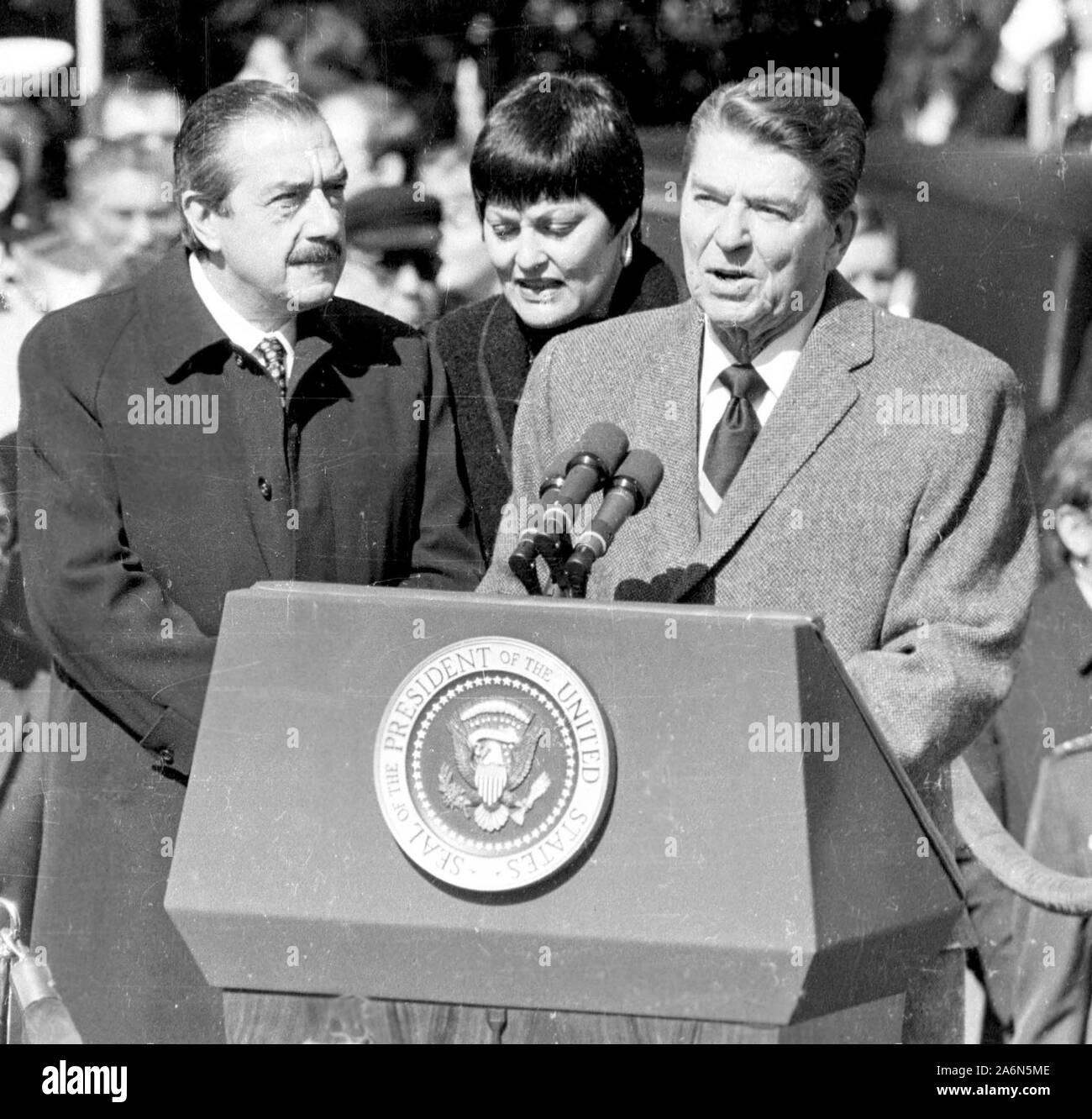 Ronald Reagan recibiendo presidente argentino Raúl Alfonsín en Washington (julio de 1985) Foto de stock