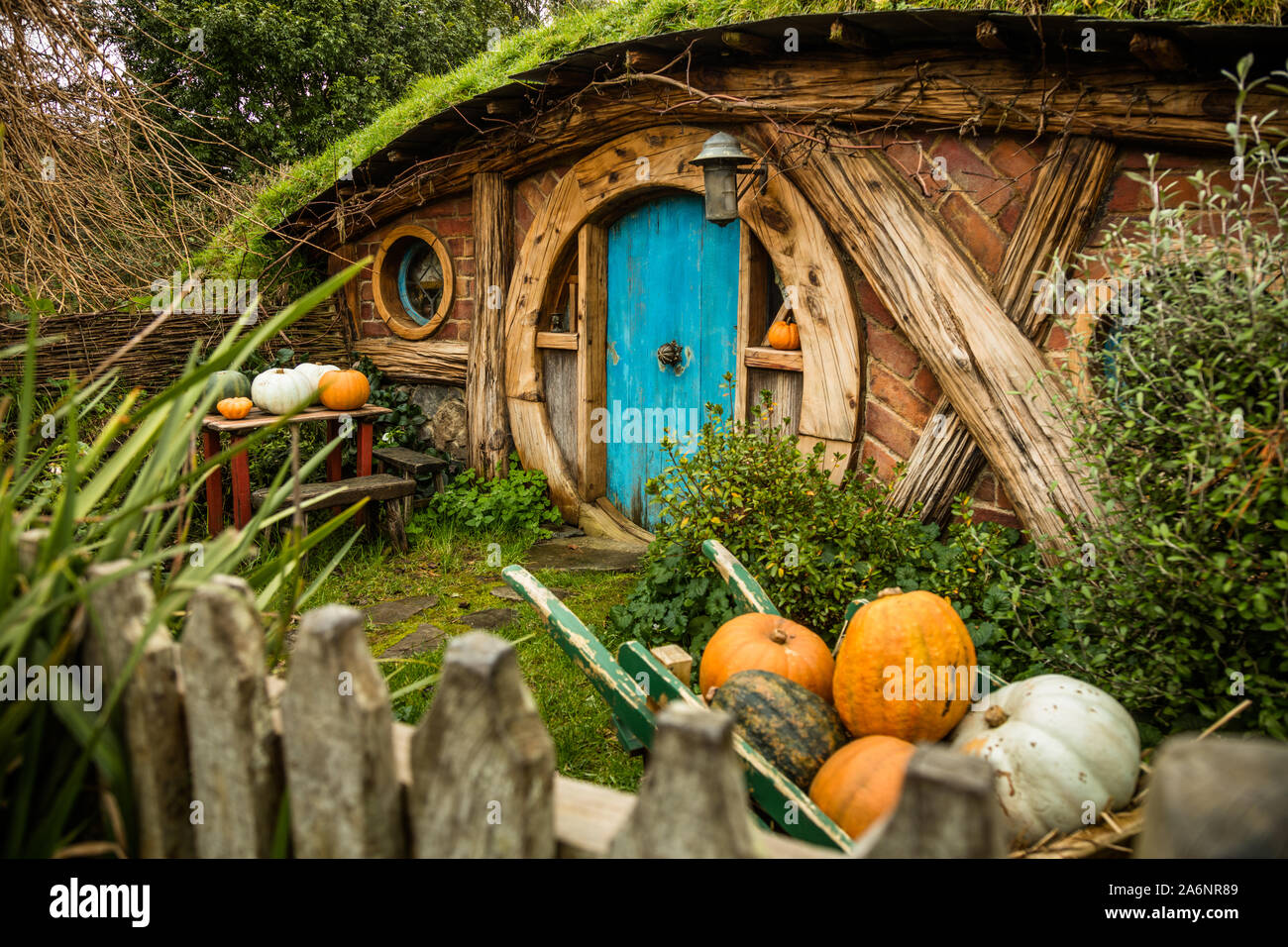 Agujero en el Hobbit Hobbiton Movie Set, Matamata, Nueva Zelanda Foto de stock
