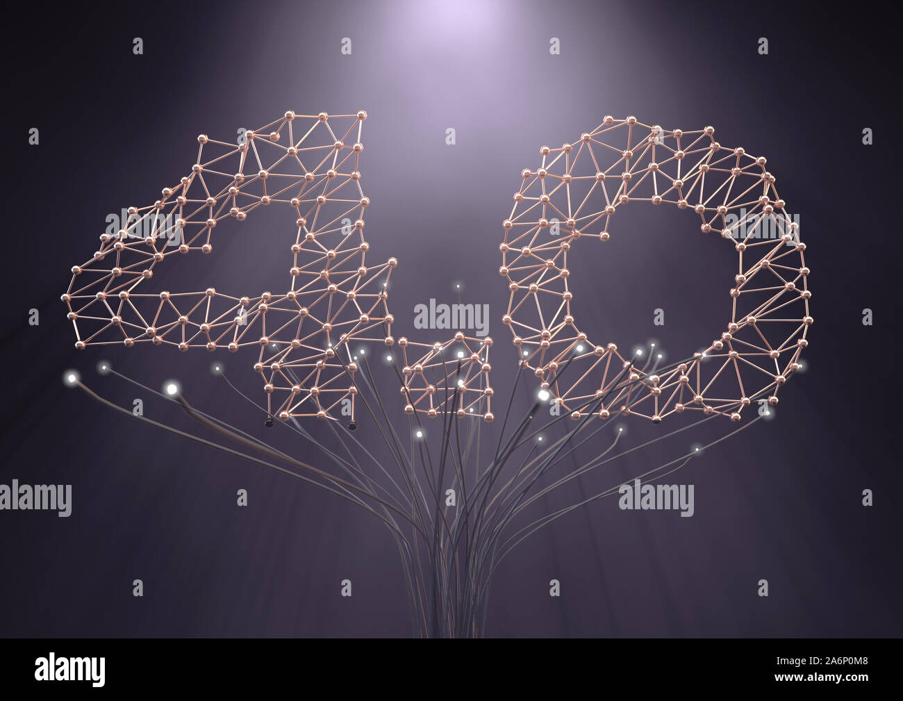 Un concepto de árbol futurista, hecha de metal y el cable de fibra óptica y el número 4.0 en un diseño del plexo depictiong la cuarta revolución industrial - 3D rende Foto de stock