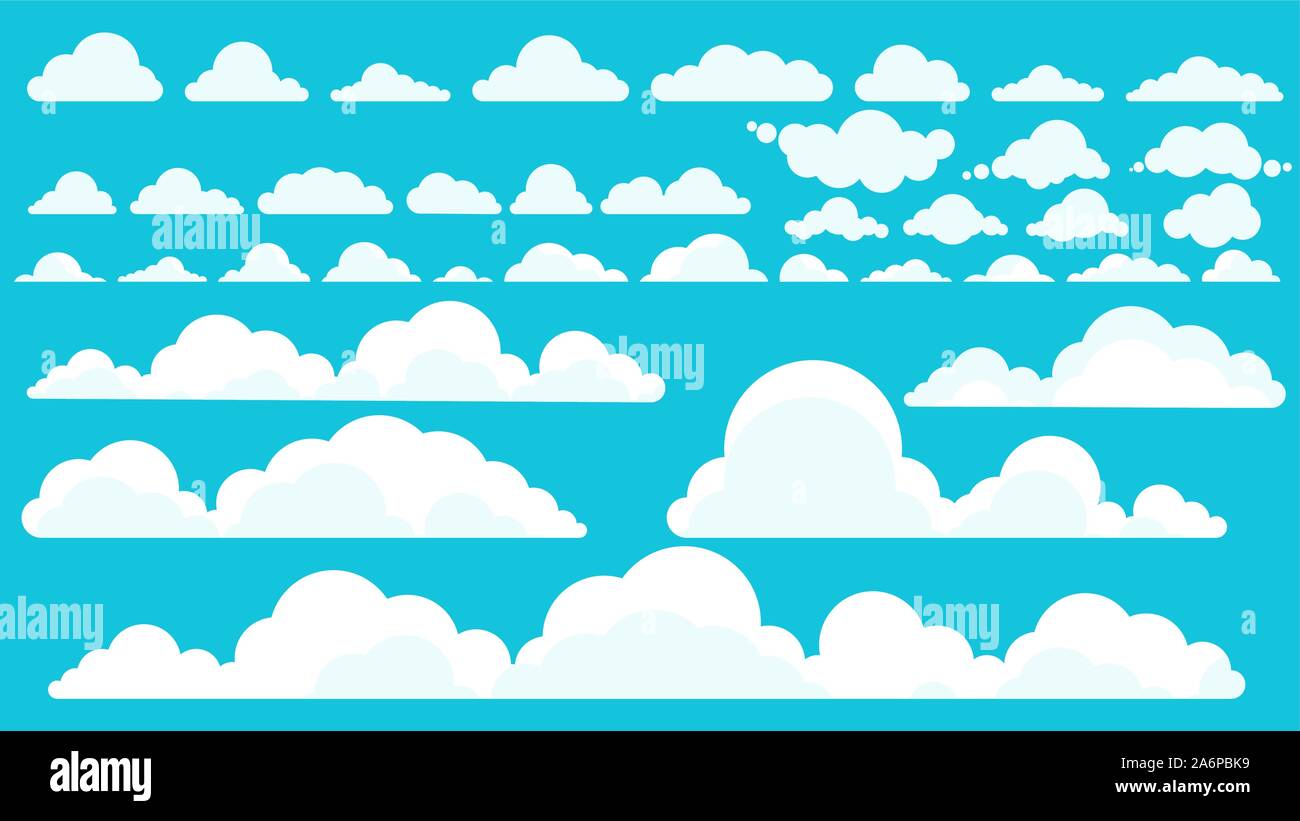 Conjunto de lluvia grandes nubes blancas en un estilo plano Ilustración del Vector