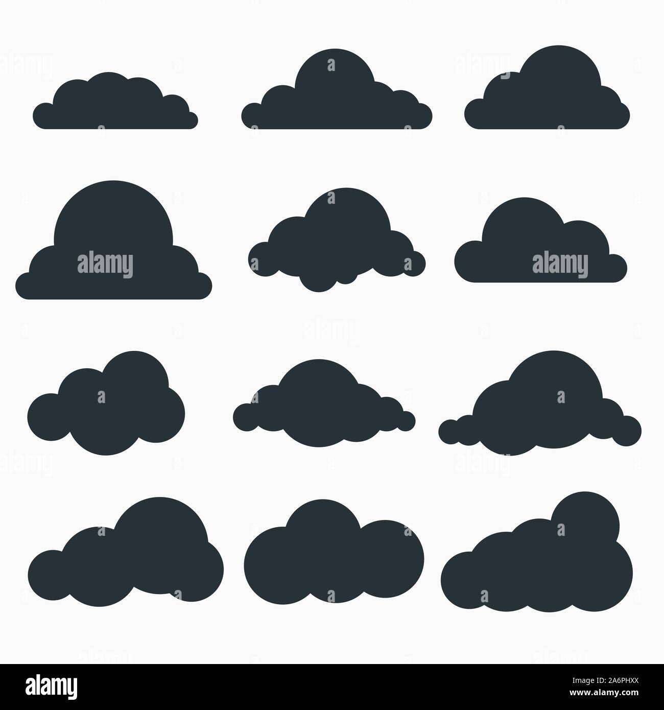 Conjunto de pequeña nube negra siluetas en un estilo plano Ilustración del Vector