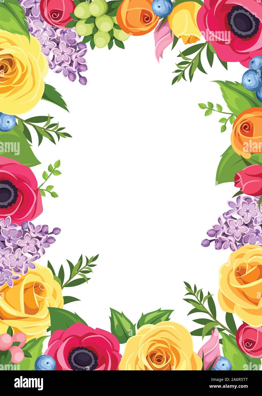 Vector con fondo rojo, rosado, anaranjado amarillo y violeta, rosas, anémonas y lila flores y hojas verdes. Ilustración del Vector
