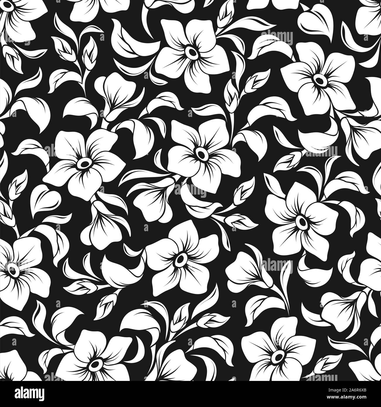 Seamless Vector patrón floral con flores y hojas en blanco sobre un fondo negro. Ilustración del Vector