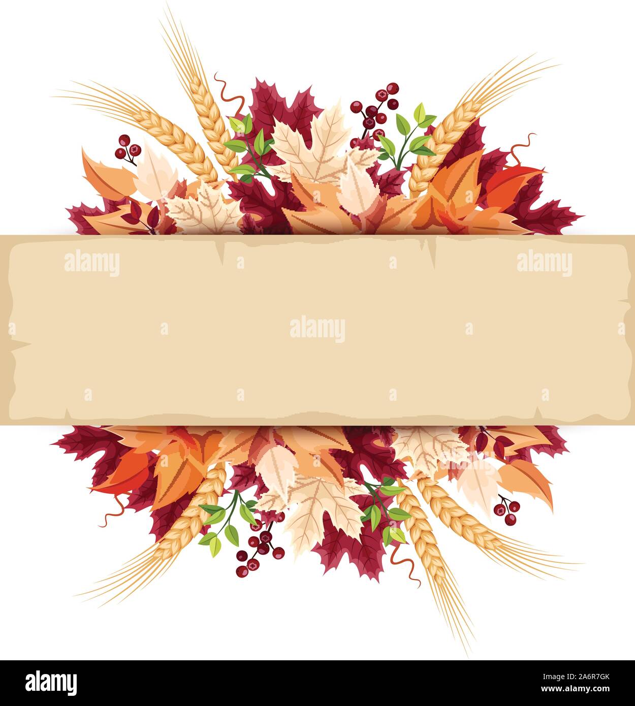 Tarjeta pergamino vectoriales con coloridas hojas de otoño. Ilustración del Vector