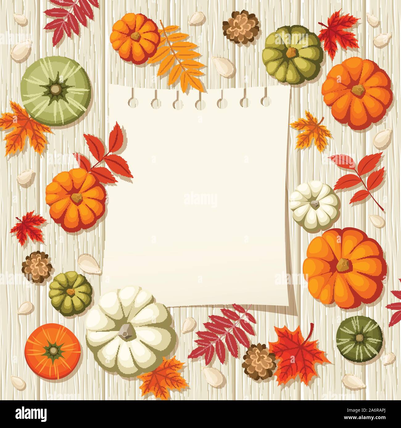 Coloridas calabazas, semillas, conos, hojas de otoño y una hoja de bloc de notas sobre un fondo de madera. Ilustración vectorial. Ilustración del Vector