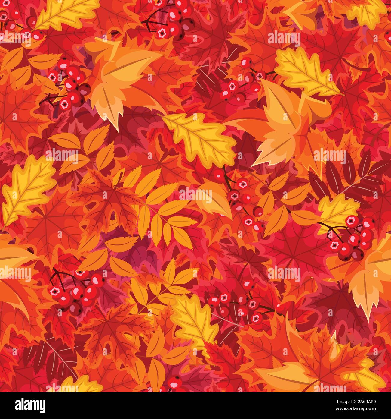 Vector de fondo sin fisuras con rojo y naranja de las hojas en otoño. Ilustración del Vector
