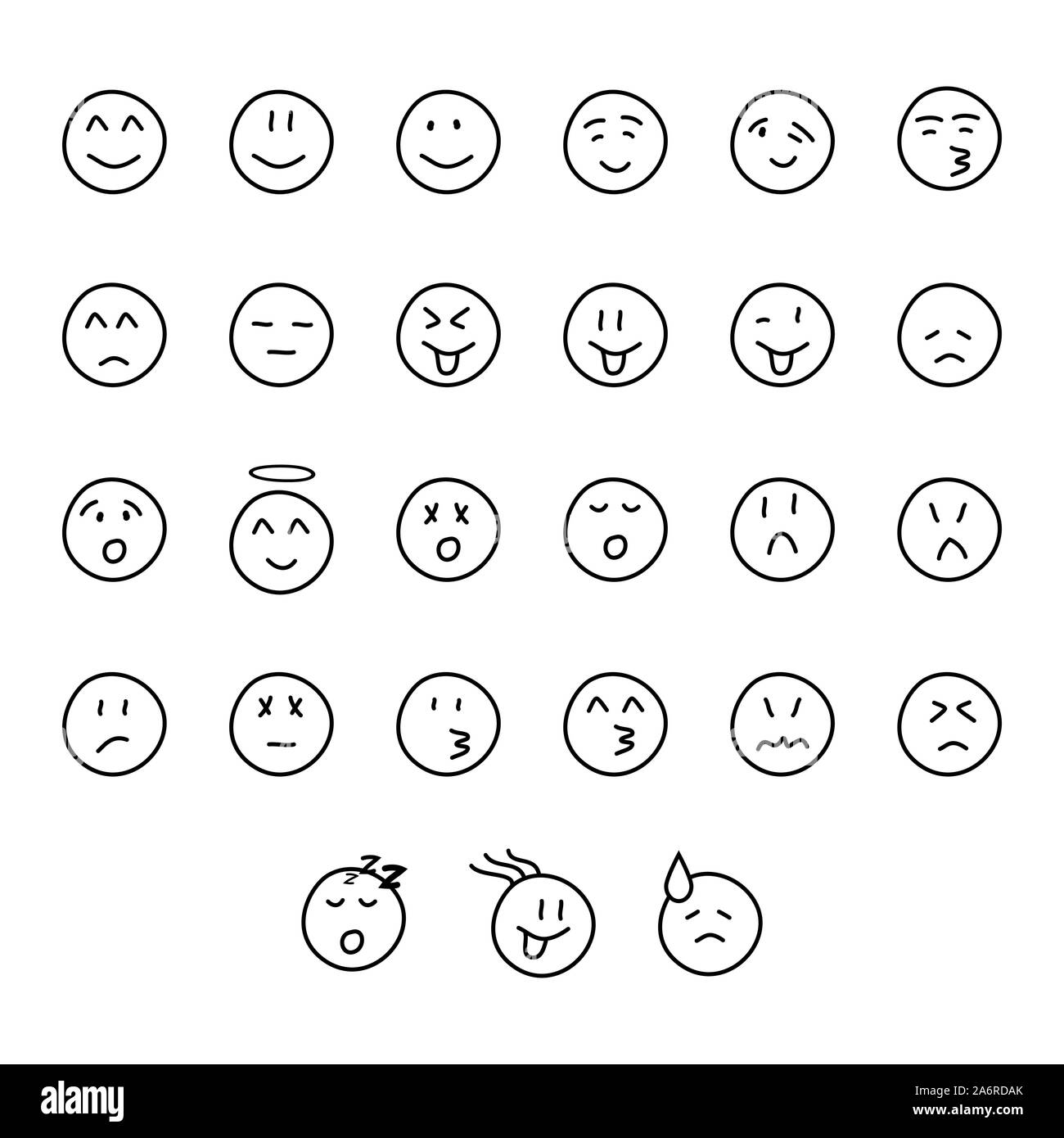 Conjunto de caras sonrientes lindo dibujados a mano con diferentes expresiones faciales y emociones Ilustración del Vector