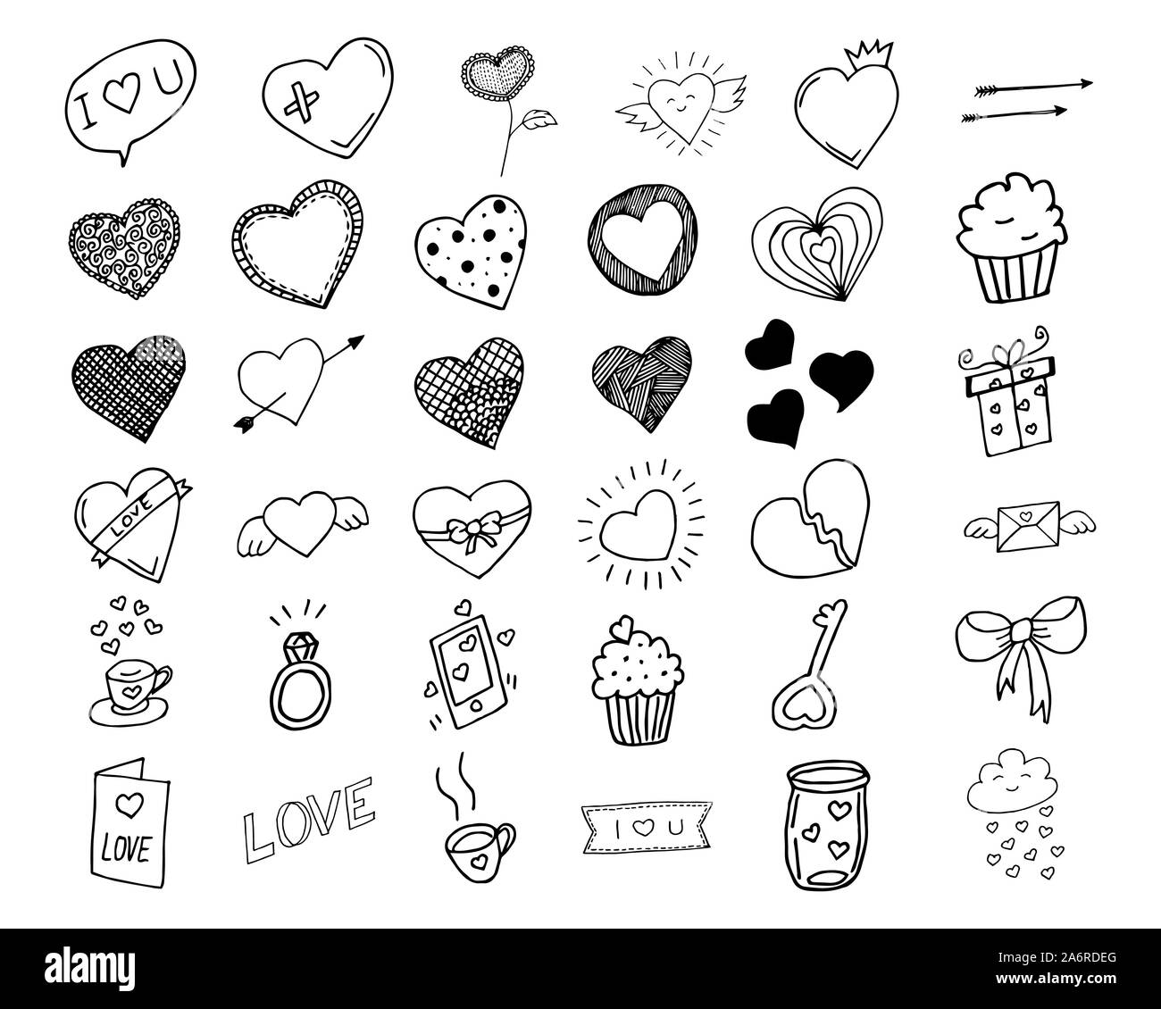 Corazones dibujados a mano doodle elementos de diseño, colección corazones aislados, ilustración vectorial Ilustración del Vector