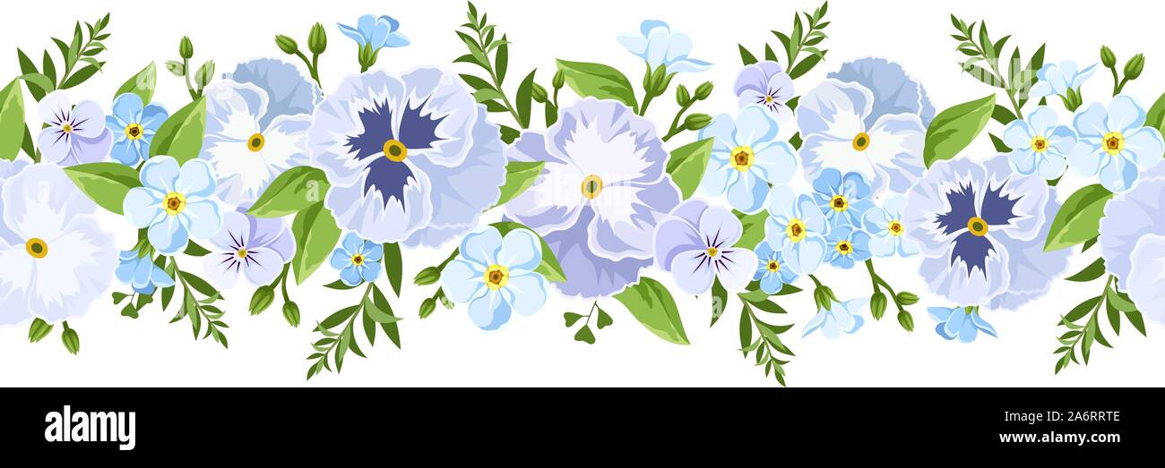 Vector horizontal azul con borde perfecta pansy y Forget-me-not flores y hojas verdes. Ilustración del Vector