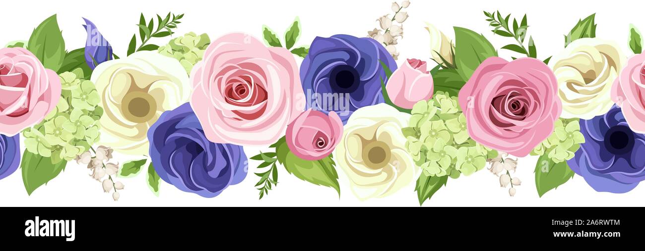 Vector horizontal guirnalda perfecta con rosados, azules y rosas blancas,  lisianthuses y Hortensia flores y hojas verdes Imagen Vector de stock -  Alamy